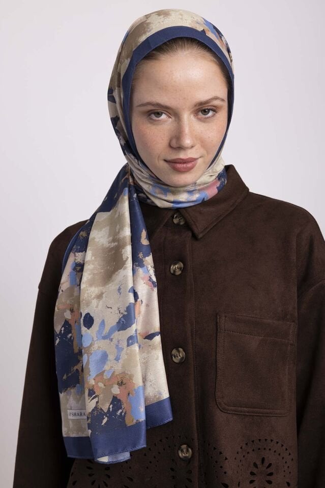 Tomurcuk Yaprak Desenli Tek Taraflı Şal - Mavi