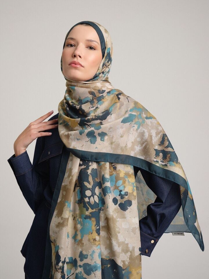 Tomurcuk Yaprak Desenli Tek Taraflı Şal - Petrol Yeşil