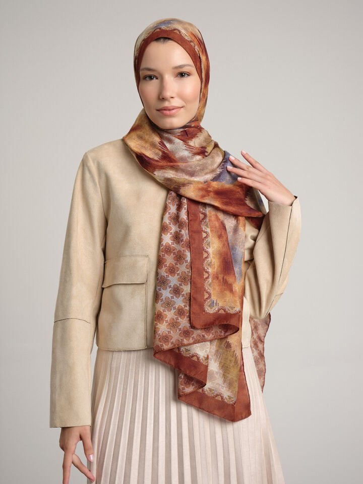 Suyolu Etnik Desenli Çift Taraflı Şal - Kiremit