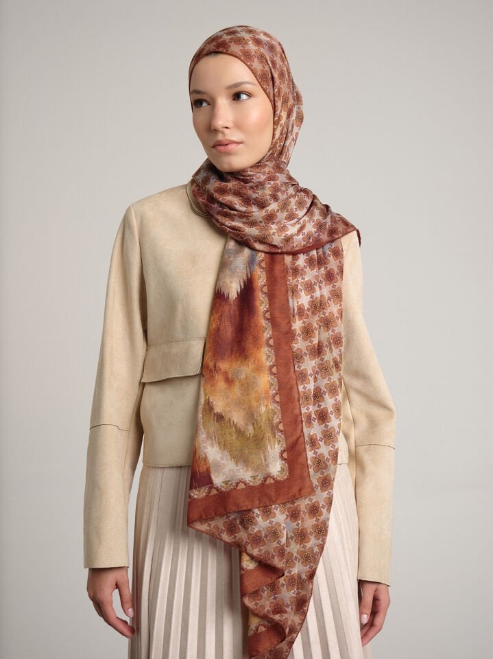 Suyolu Etnik Desenli Çift Taraflı Şal - Kiremit