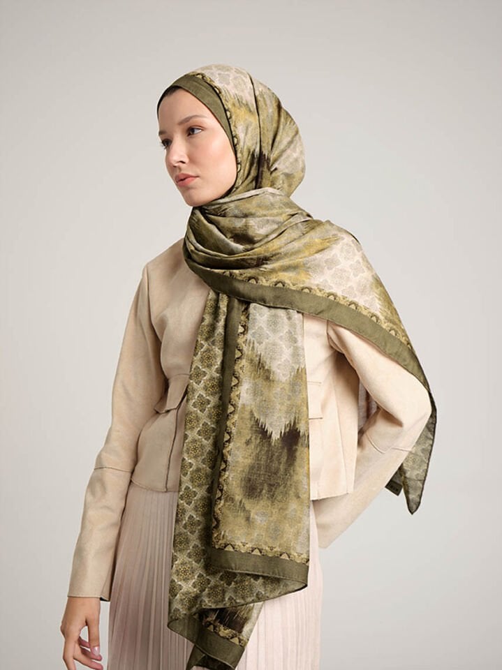 Suyolu Etnik Desenli Çift Taraflı Şal - Zeytin Yeşil