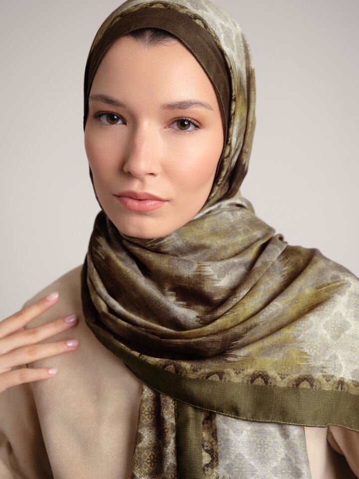 Suyolu Etnik Desenli Çift Taraflı Şal - Zeytin Yeşil