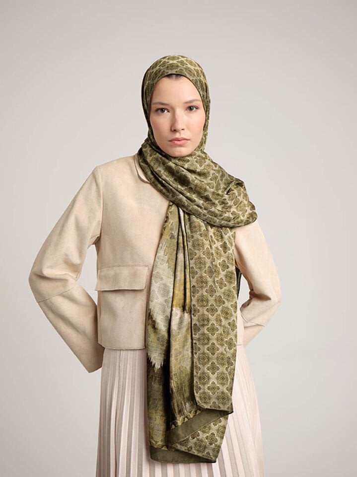 Suyolu Etnik Desenli Çift Taraflı Şal - Zeytin Yeşil