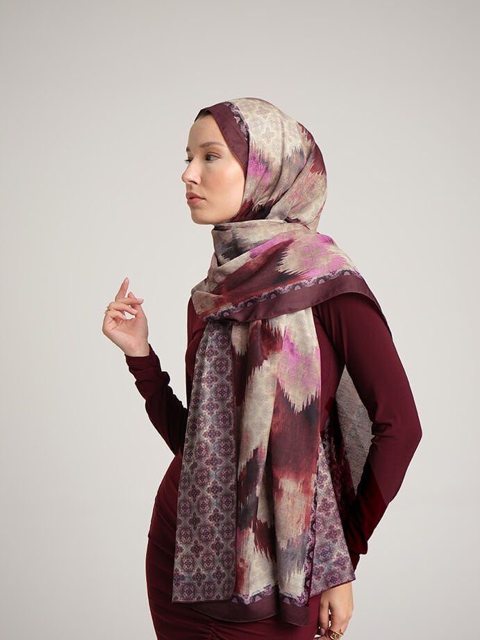 Suyolu Etnik Desenli Çift Taraflı Şal - Bordo