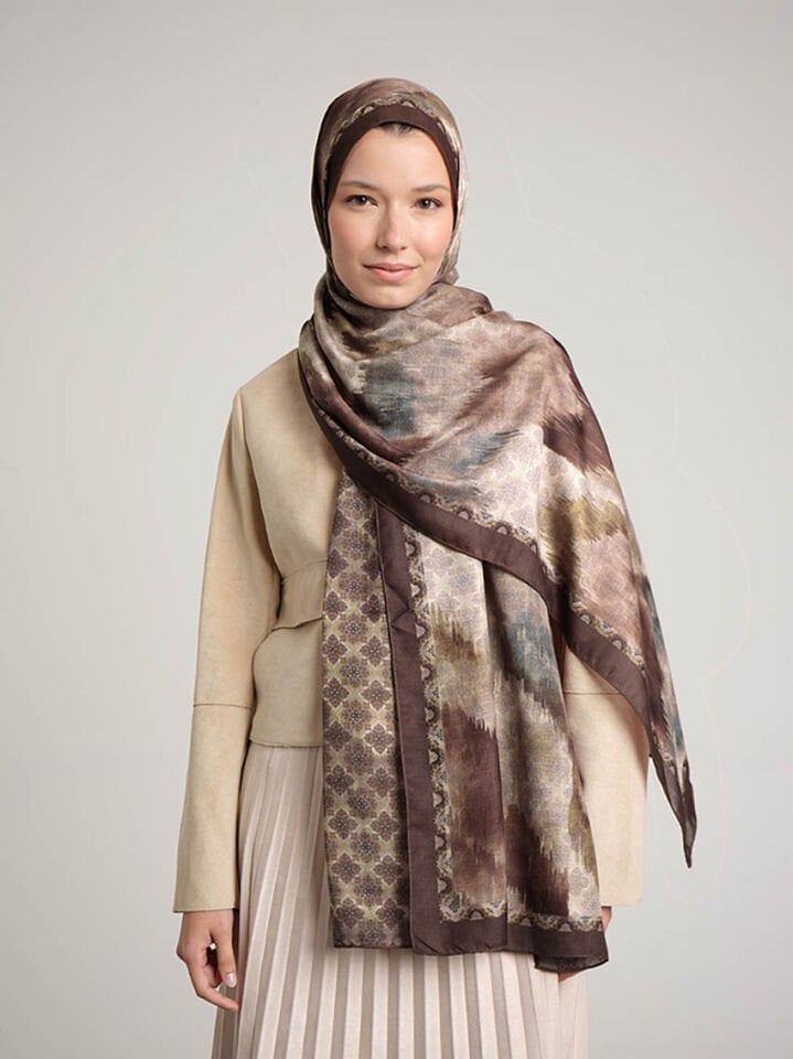 Suyolu Etnik Desenli Çift Taraflı Şal - Taba Kahve