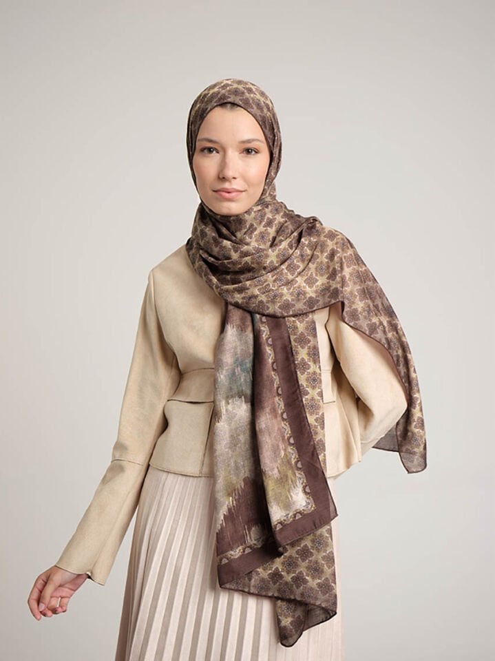 Suyolu Etnik Desenli Çift Taraflı Şal - Taba Kahve