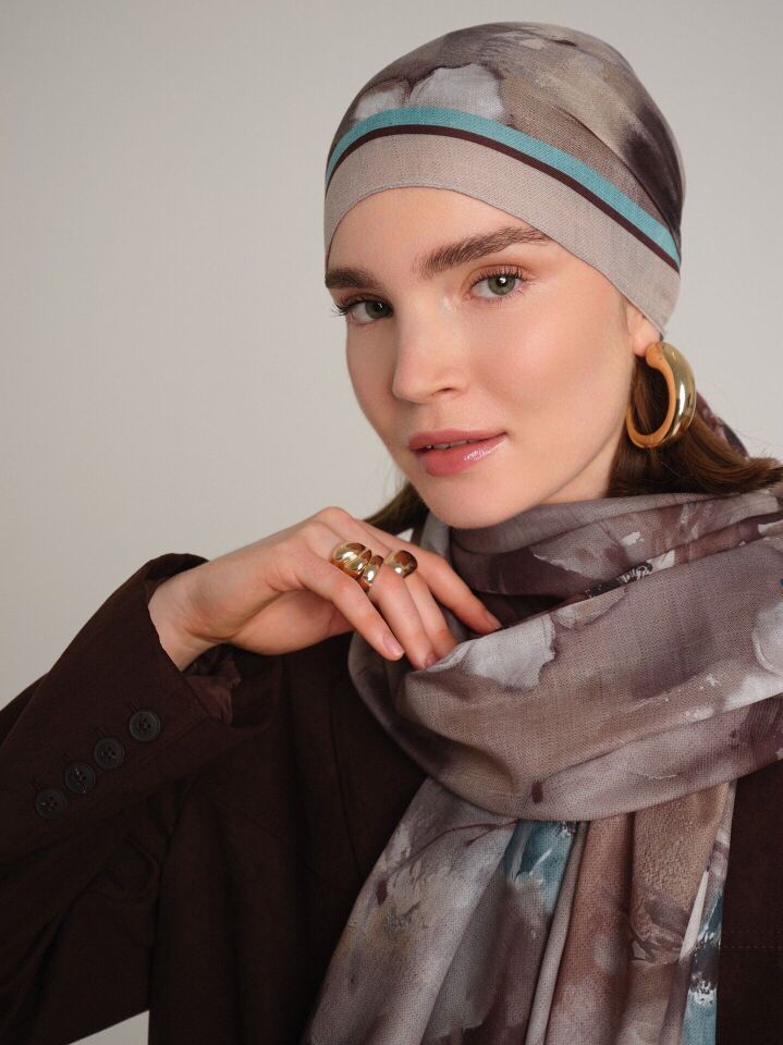 Hâle Çiçek Desenli Tek Taraflı Şal - Kahve Bej