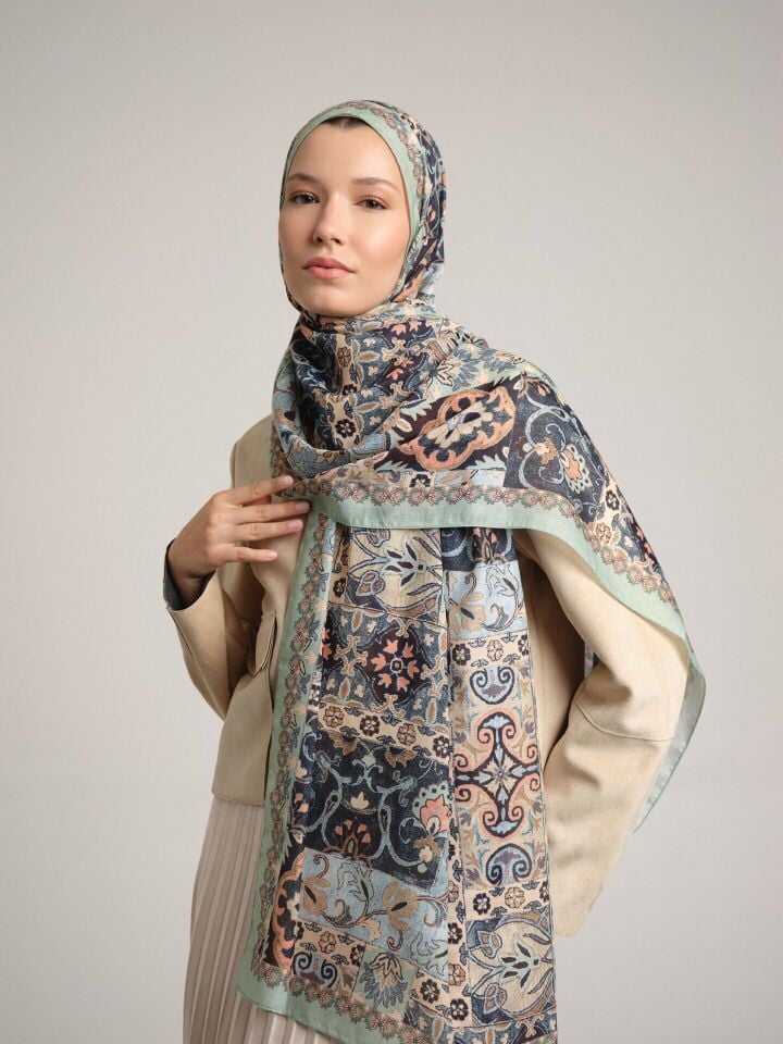 Kırkpare Etnik Desenli Tek Taraflı Şal - Mint