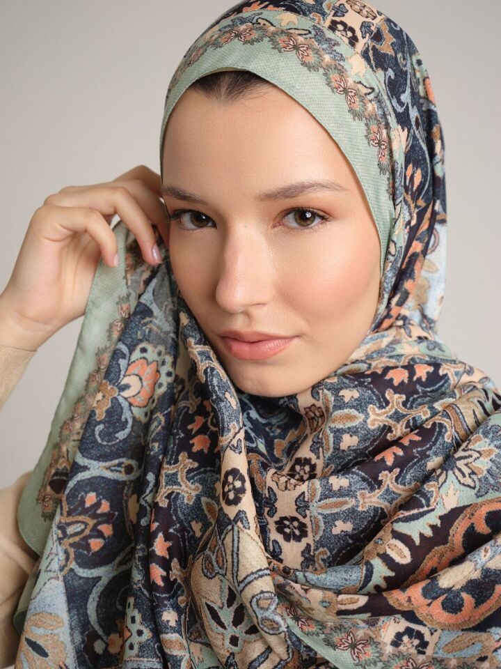 Kırkpare Etnik Desenli Tek Taraflı Şal - Mint