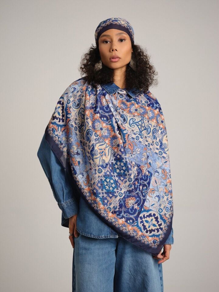 Kırkpare Etnik Desenli Tek Taraflı Şal - Mavi