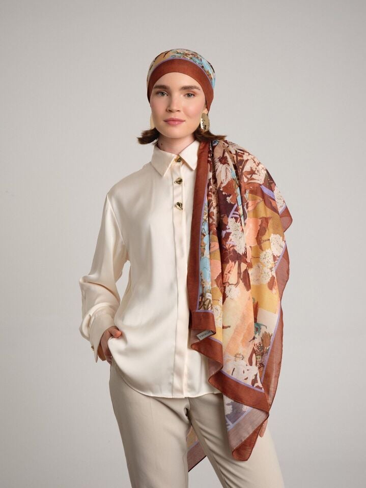 Nakkaş Avlusu Etnik Desenli Tek Taraflı Şal - Taba