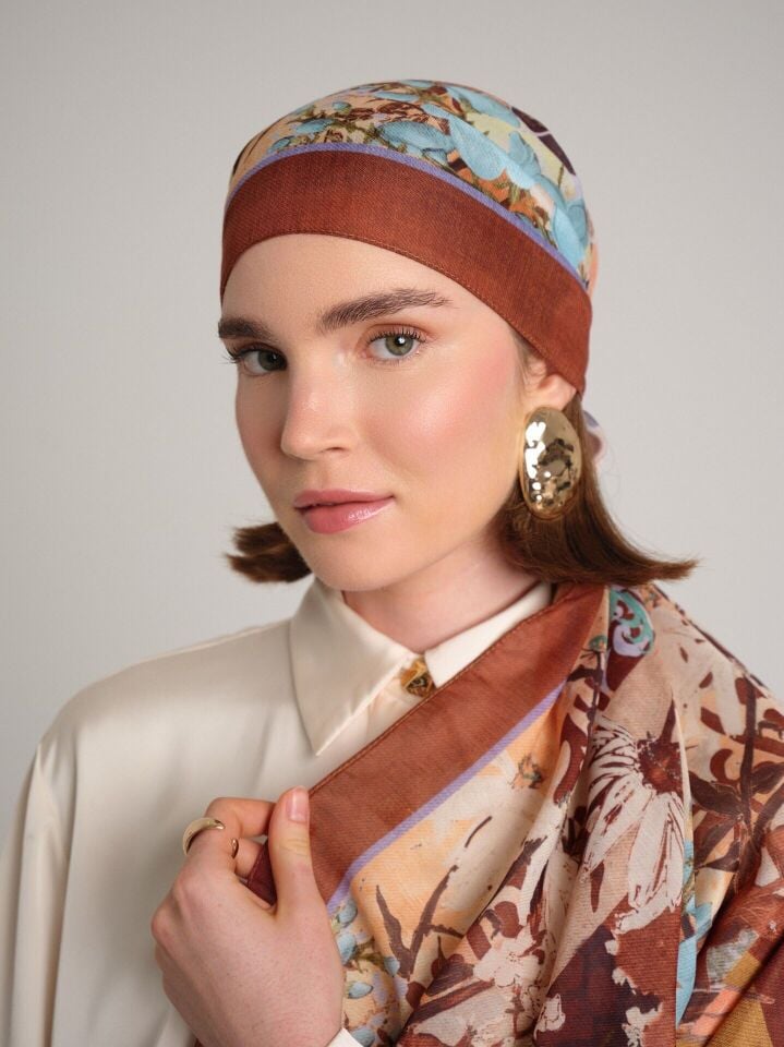 Nakkaş Avlusu Etnik Desenli Tek Taraflı Şal - Taba