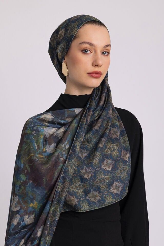 Kardelen Çiçek Desenli Çift Taraflı Şal - Mavi Mint