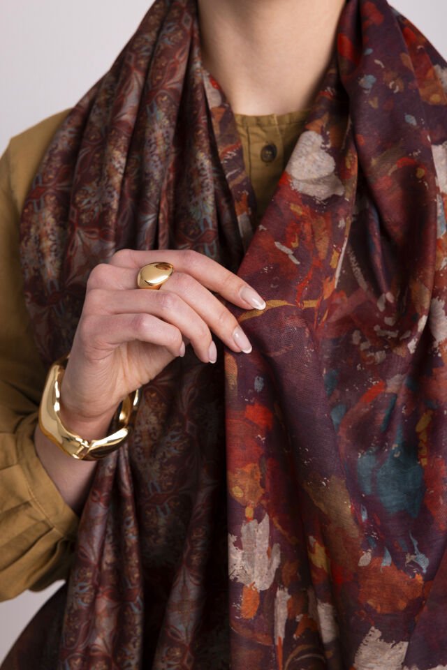 Kardelen Çiçek Desenli Çift Taraflı Şal - Kahverengi Kiremit