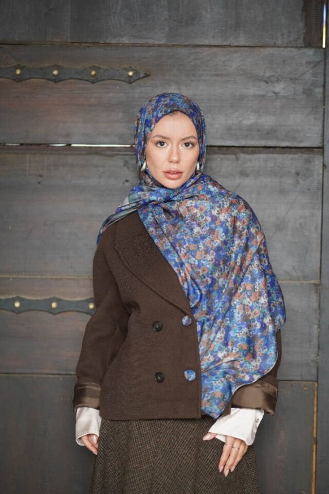 Çiçek Desenli Çift Taraf Şal - Mavi