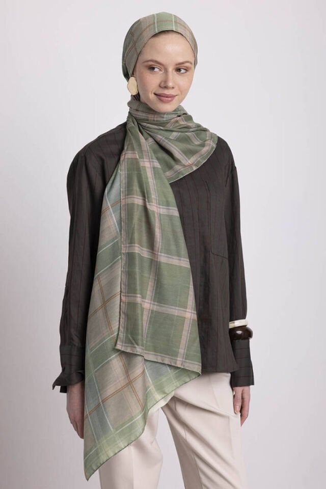 Pera Koleksiyonu Desenli Çift Taraflı Şal - Açık Yeşil