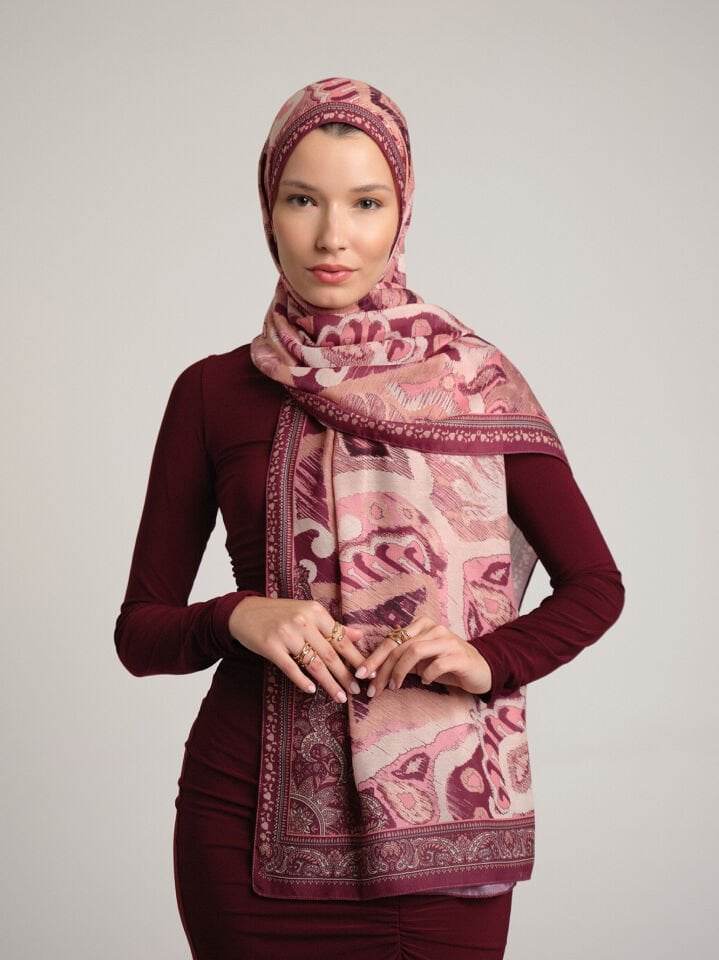 Sırlı Motifler Etnik Desenli Tek Taraflı Şal - Gül Bordo