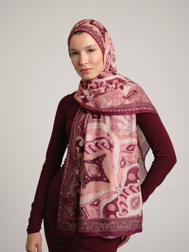Sırlı Motifler Etnik Desenli Tek Taraflı Şal - Gül Bordo