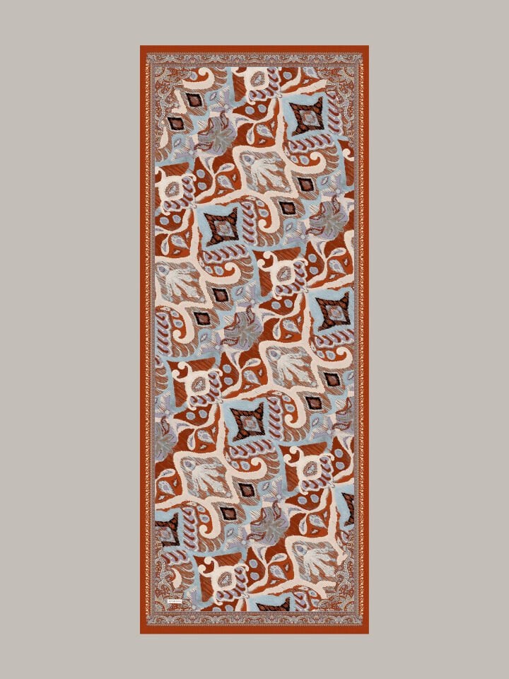 Sırlı Motifler Etnik Desenli Tek Taraflı Şal - Taba Turuncu