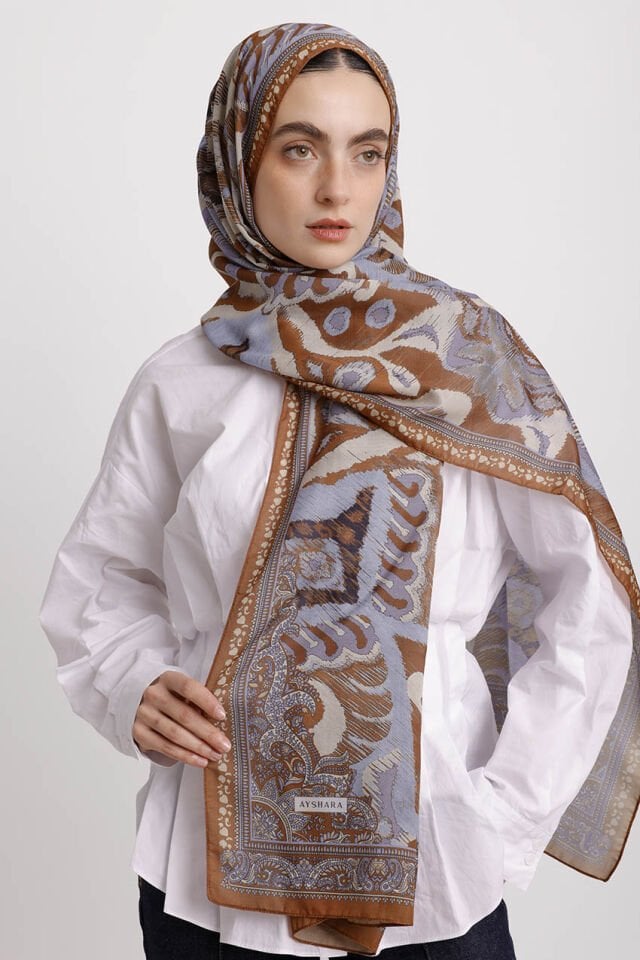 Sırlı Motifler Etnik Desenli Tek Taraflı Şal - Taba Turuncu