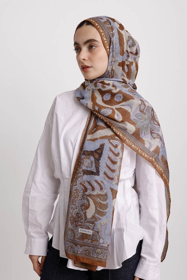 Sırlı Motifler Etnik Desenli Tek Taraflı Şal - Taba Turuncu