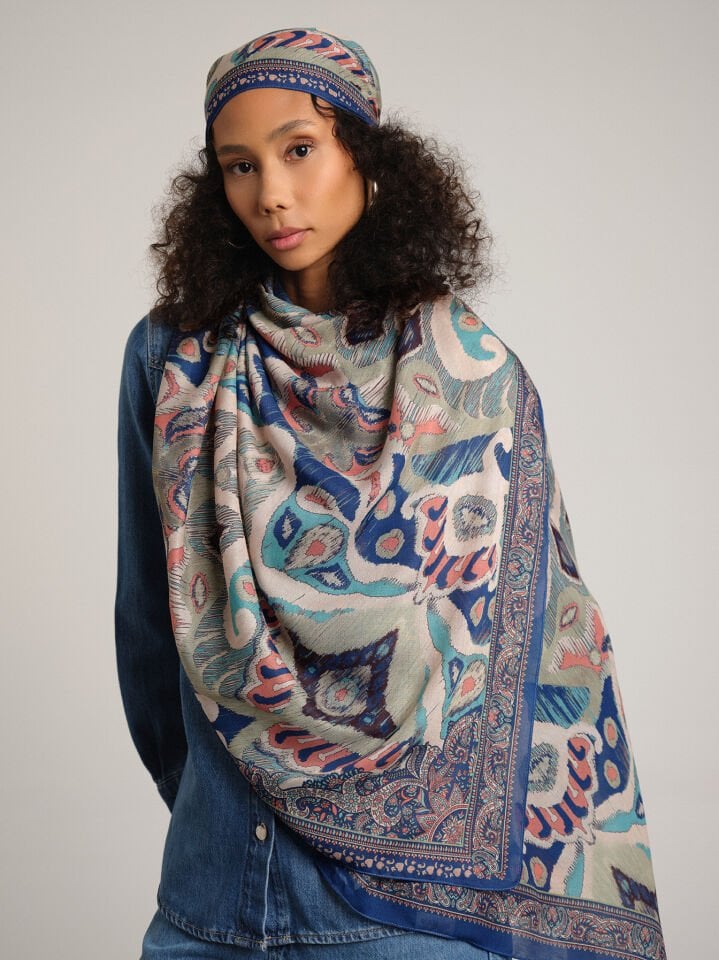 Sırlı Motifler Etnik Desenli Tek Taraflı Şal - Mint mavi