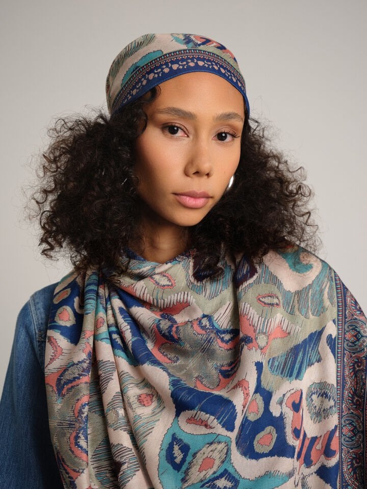 Sırlı Motifler Etnik Desenli Tek Taraflı Şal - Mint mavi