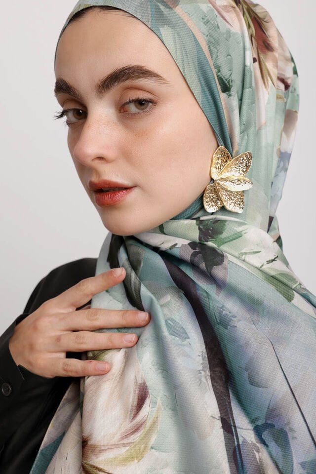 Çiçek Hattı Desenli Tek Taraflı Şal - Turkuaz Yeşil