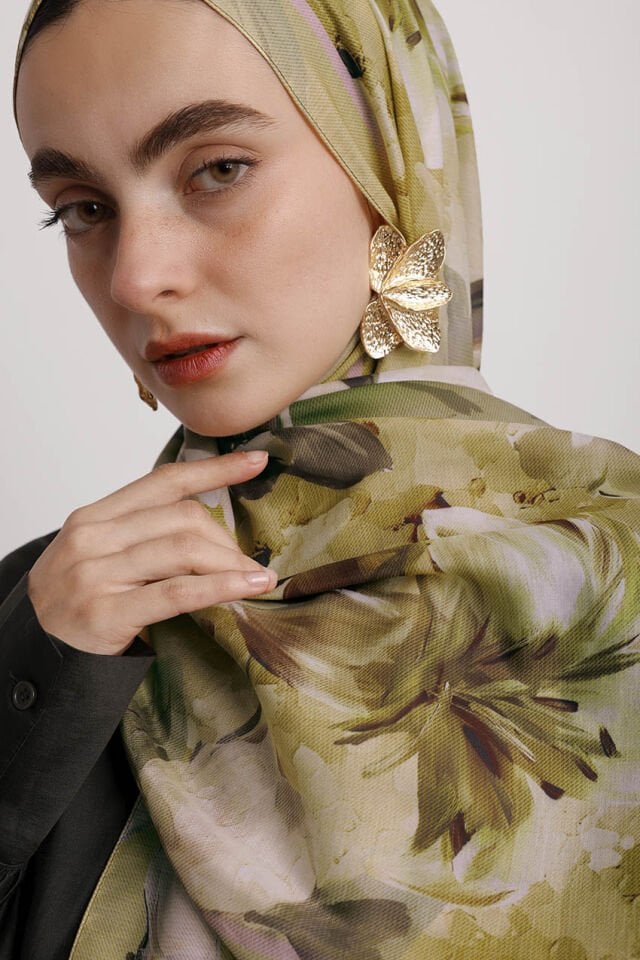 Çiçek Hattı Desenli Tek Taraflı Şal - Hardal Sarı