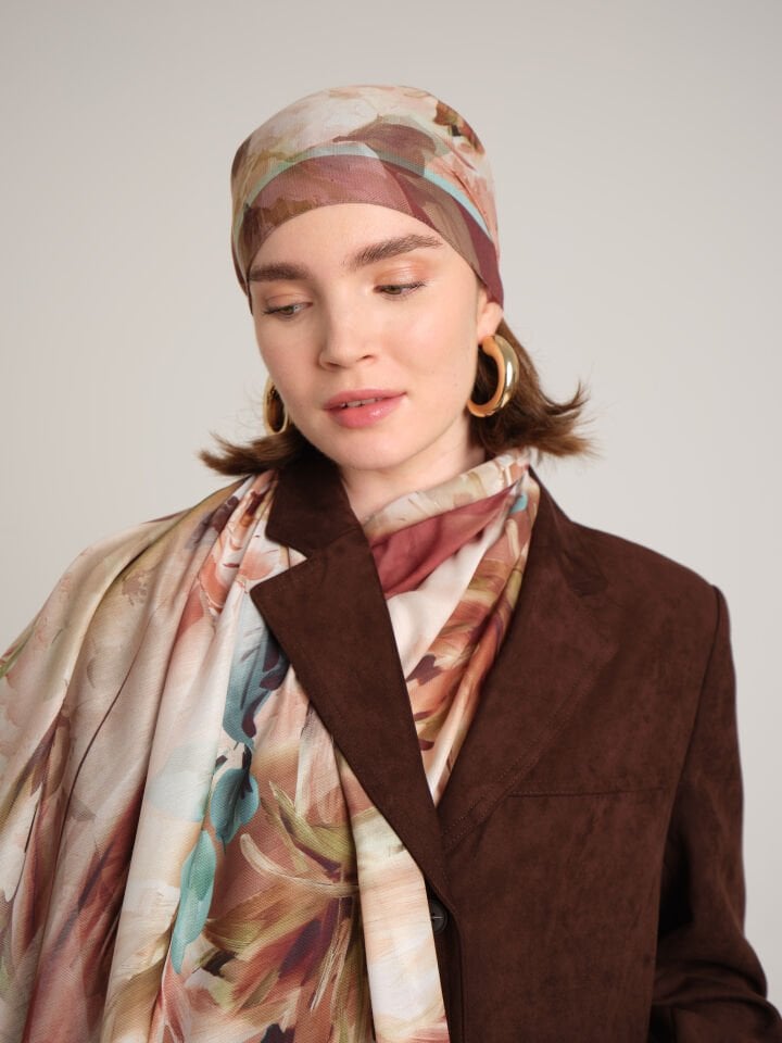Çiçek Hattı Desenli Tek Taraflı Şal - Bakır Kahve
