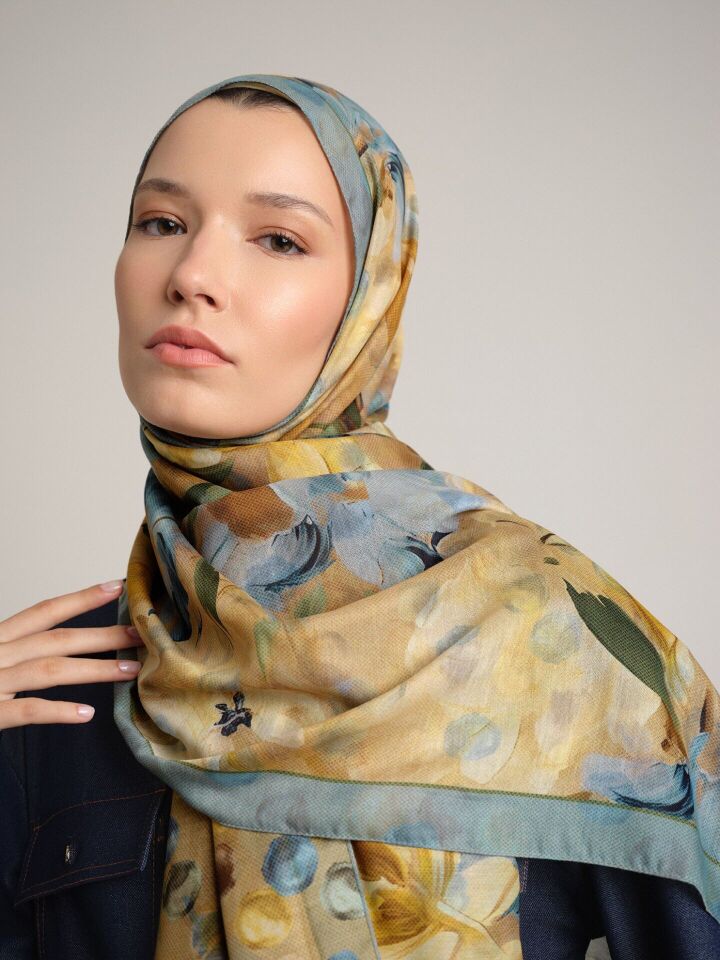 Nevbahar Çiçek Puan Desenli Çift Taraflı Şal - Sarı Turkuaz