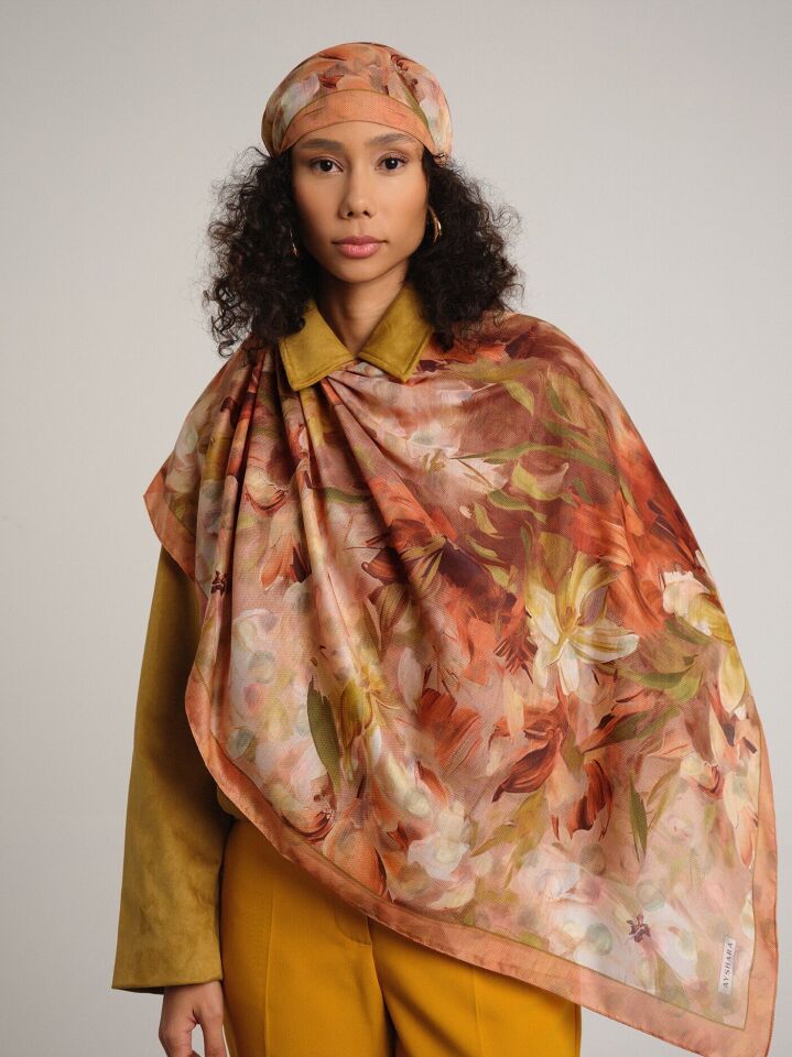 Nevbahar Çiçek Puan Desenli Çift Taraflı Şal - Bakır Taba