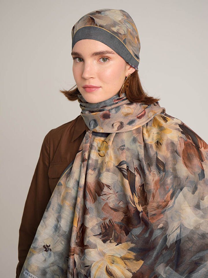 Nevbahar Çiçek Puan Desenli Çift Taraflı Şal - Taba Kahve
