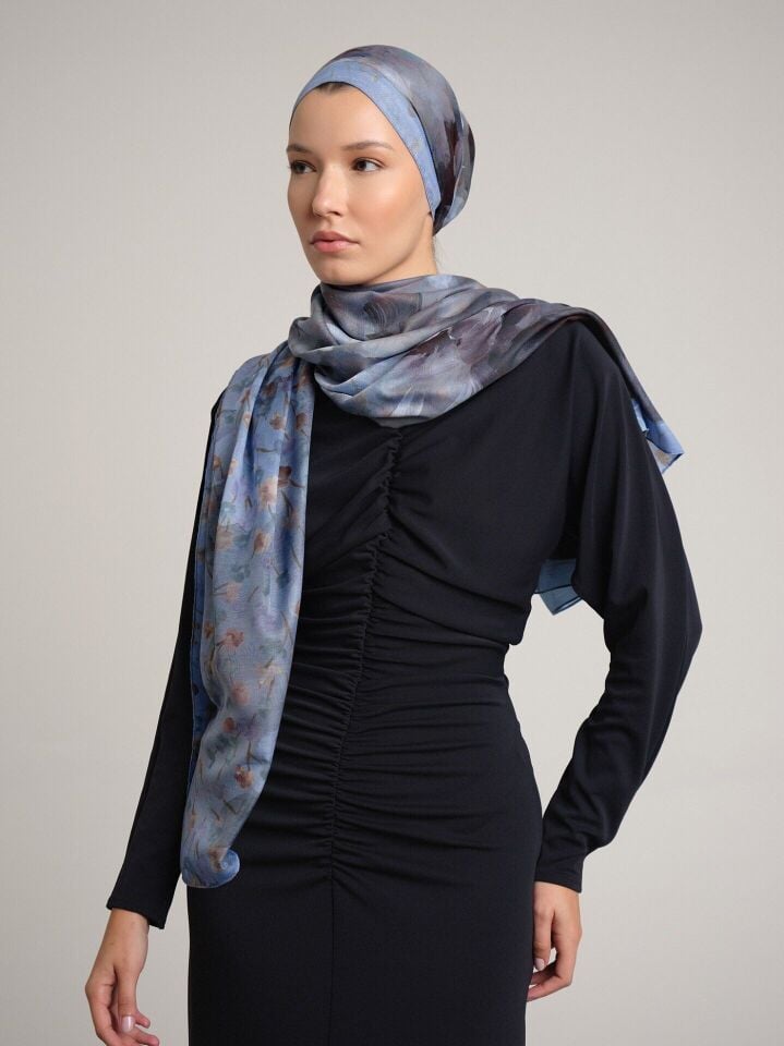 Şakayık Koleksiyonu Pus Mavi Çift Taraf Şal