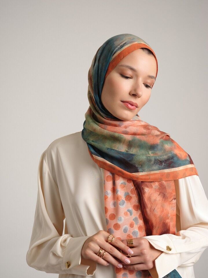 Fırça Hâlesi Puanlı Soyut Desenli Çift Taraflı Şal - Taba Mint