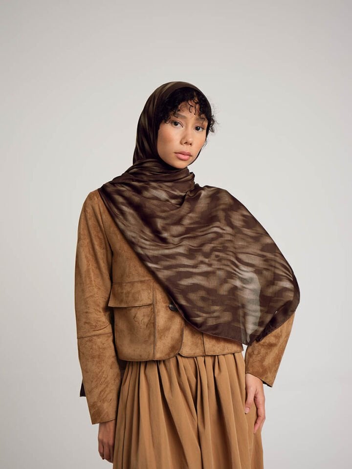 Yalaz Zebra Damask Desenli Çift Taraflı Şal - Kahverengi Çikolata