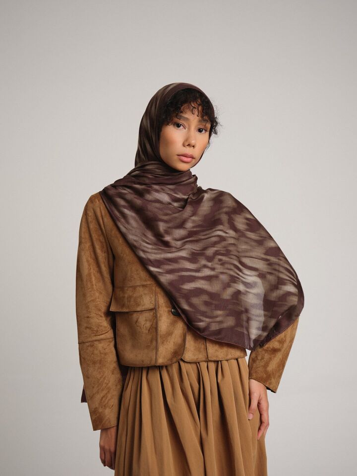 Yalaz Zebra Damask Desenli Çift Taraflı Şal - Kahverengi Çikolata