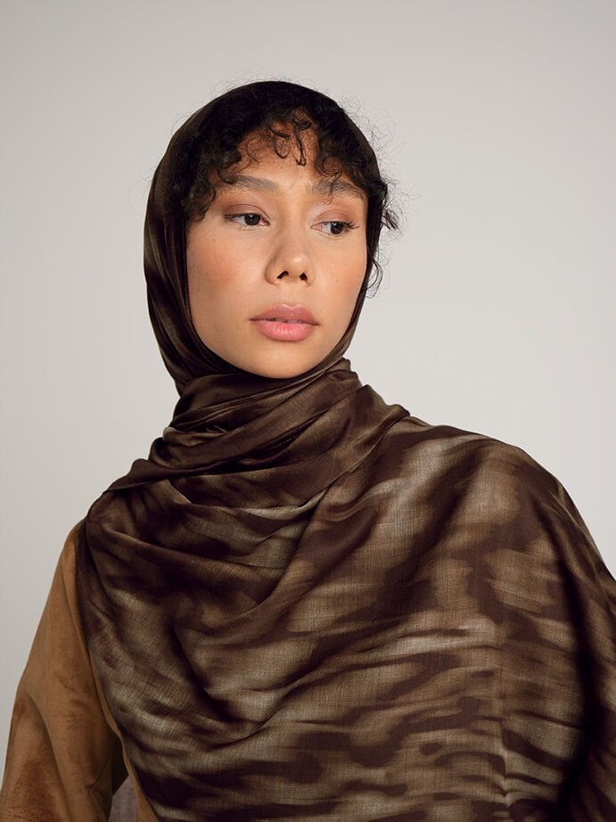 Yalaz Zebra Damask Desenli Çift Taraflı Şal - Kahverengi Çikolata