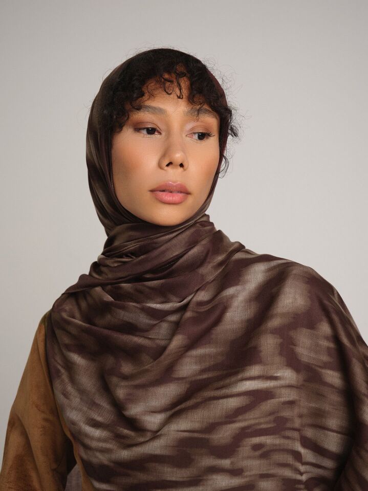 Yalaz Zebra Damask Desenli Çift Taraflı Şal - Kahverengi Çikolata