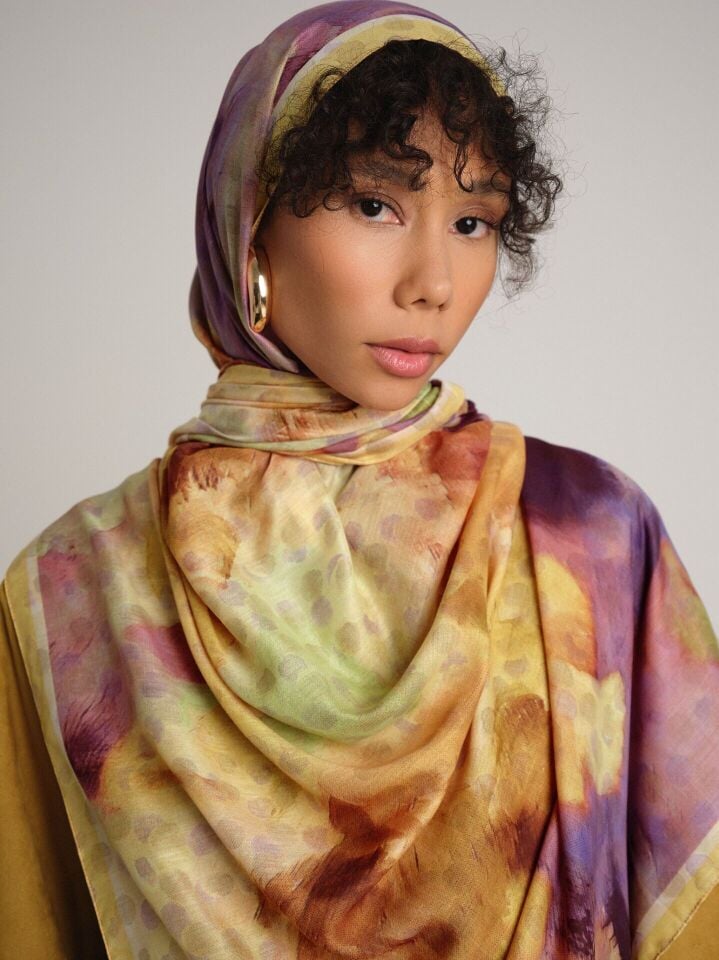 Fırça Hâlesi Puanlı Soyut Desenli Çift Taraflı Şal - Mor Sarı