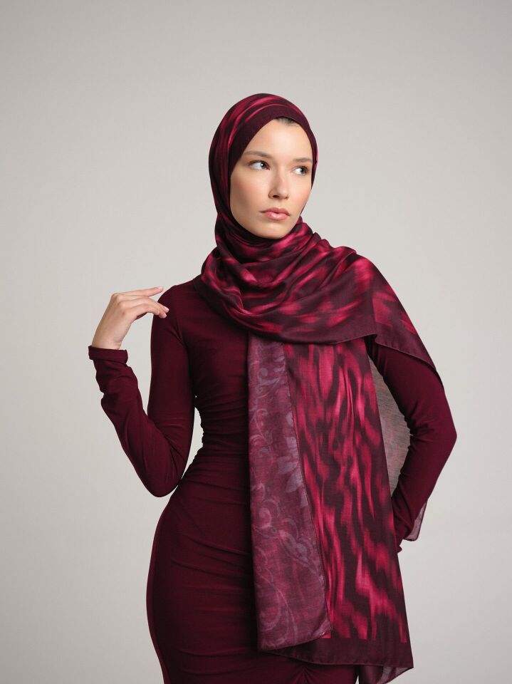 Yalaz Zebra Damask Desenli Çift Taraflı Şal - Bordo