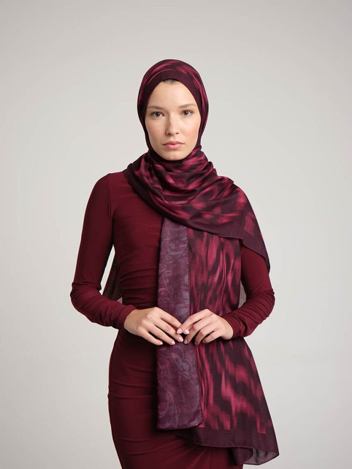 Yalaz Zebra Damask Desenli Çift Taraflı Şal - Bordo