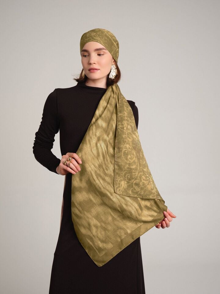 Yalaz Zebra Damask Desenli Çift Taraflı Şal - Zeytinyağ Yeşil