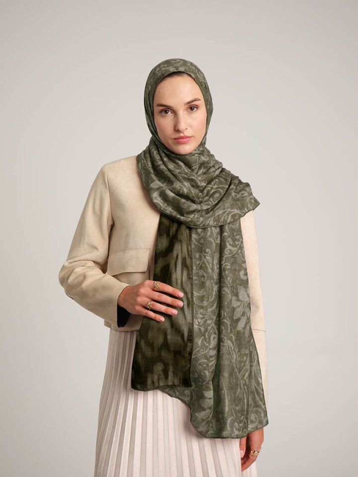 Yalaz Zebra Damask Desenli Çift Taraflı Şal - Haki Yeşil