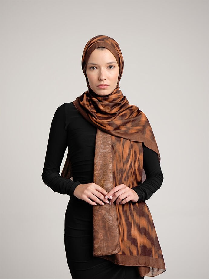 Yalaz Zebra Damask Desenli Çift Taraflı Şal - Bakır Taba