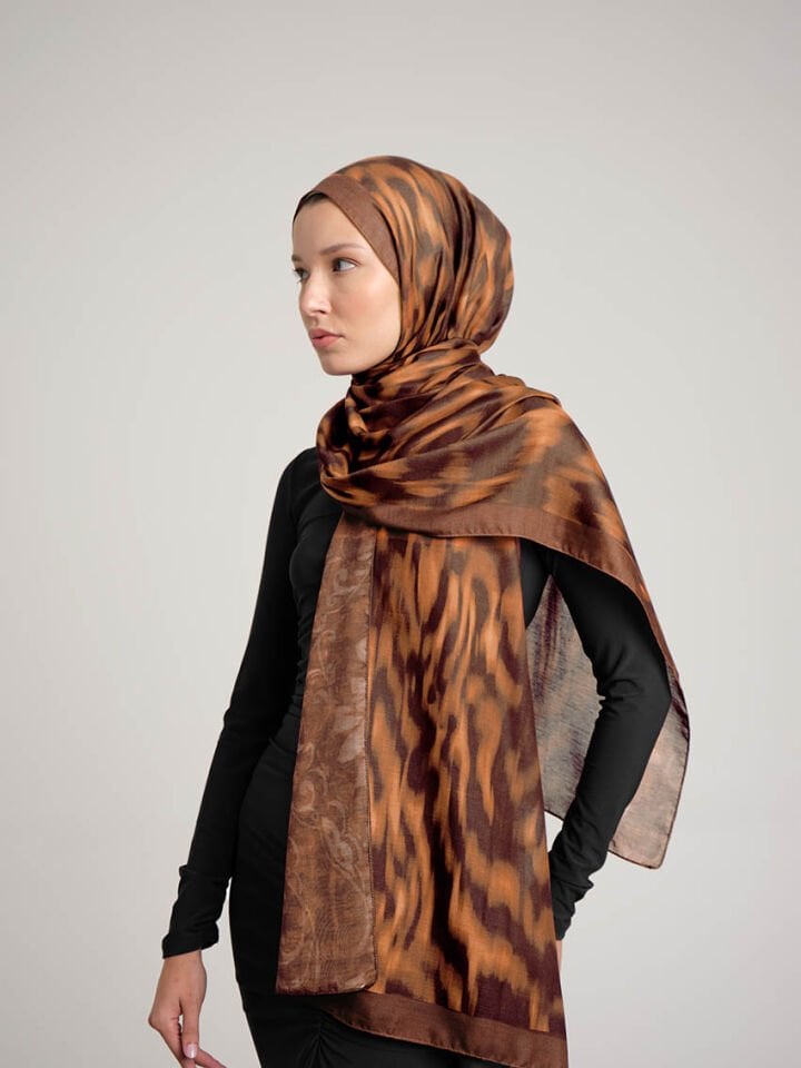 Yalaz Zebra Damask Desenli Çift Taraflı Şal - Bakır Taba