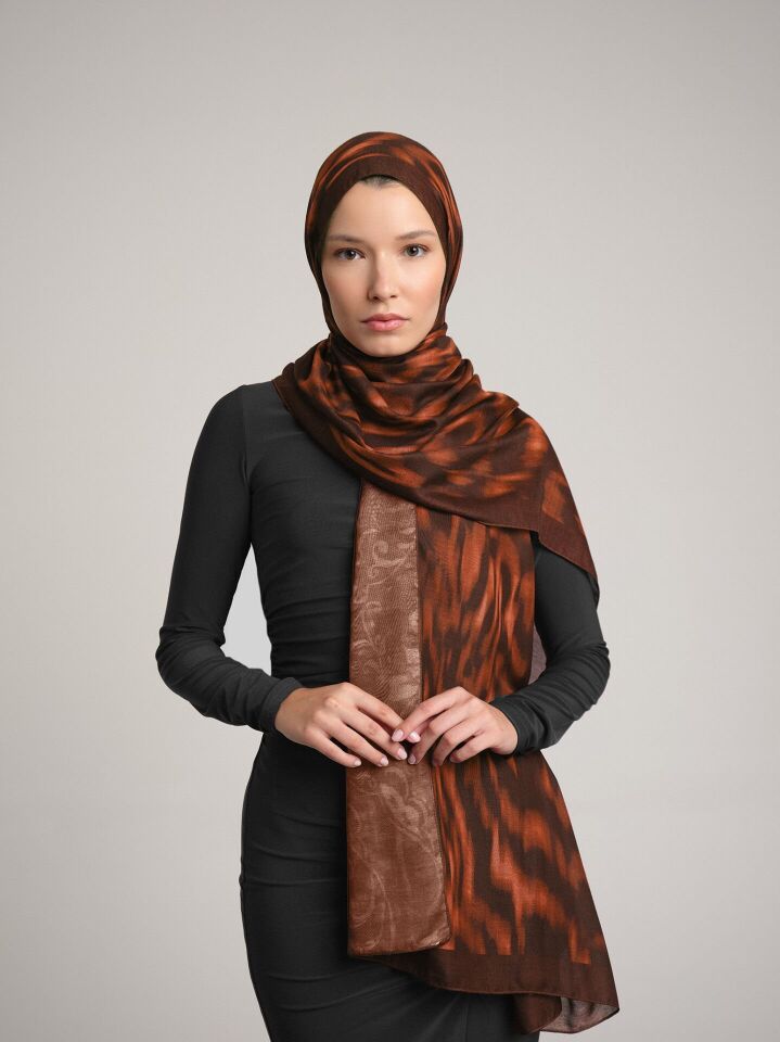 Yalaz Zebra Damask Desenli Çift Taraflı Şal - Bakır Taba