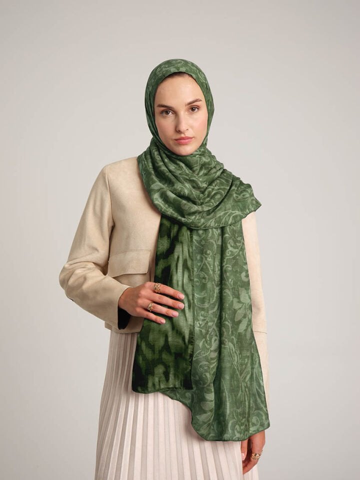 Yalaz Zebra Damask Desenli Çift Taraflı Şal - Zümrüt Yeşil