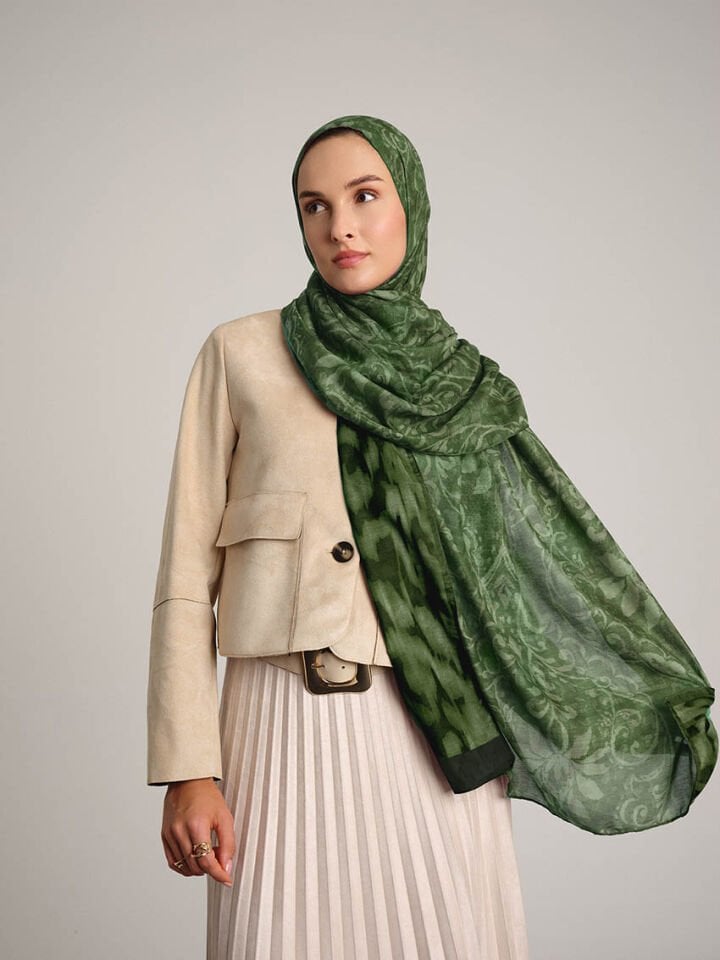 Yalaz Zebra Damask Desenli Çift Taraflı Şal - Zümrüt Yeşil