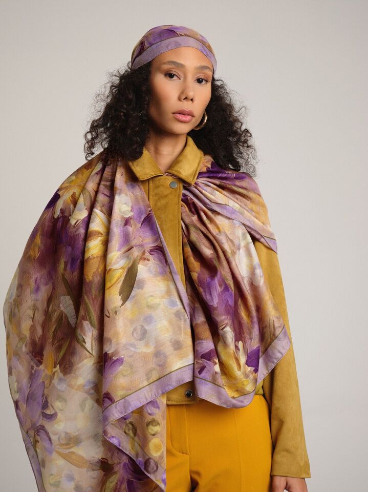 Nevbahar Çiçek Puan Desenli Çift Taraflı Şal - Lila Mor Sarı